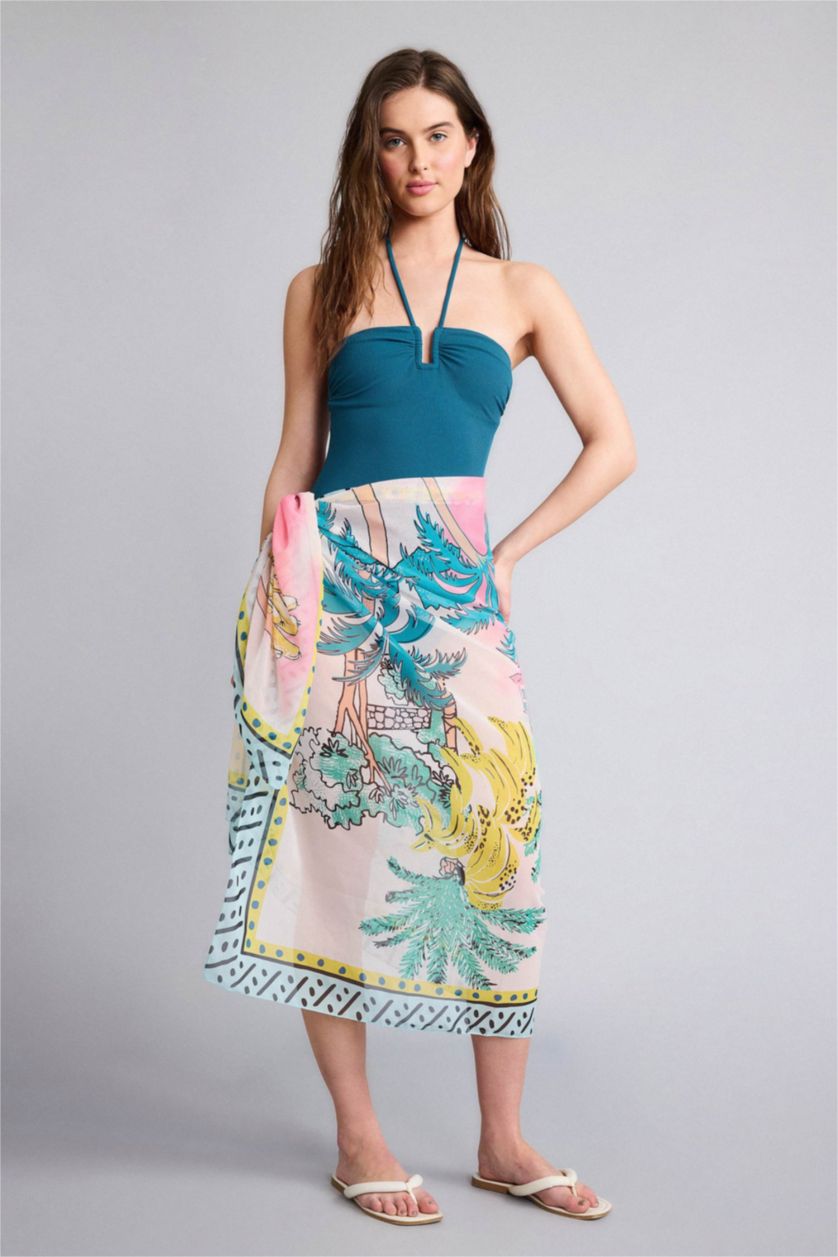 WOMAN Green Fall in Love Regular Fit Tropical Patterned Chiffon Pareo Beachwear