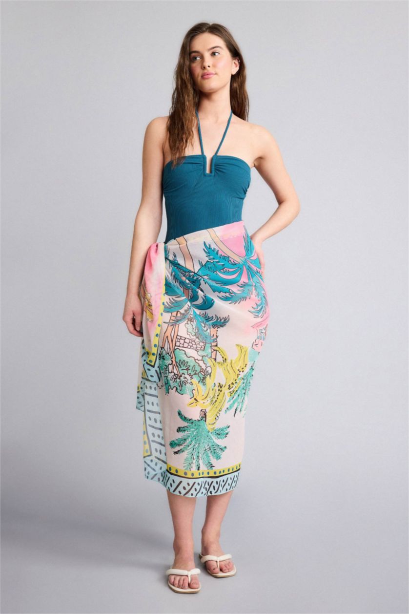 WOMAN Green Fall in Love Regular Fit Tropical Patterned Chiffon Pareo Beachwear