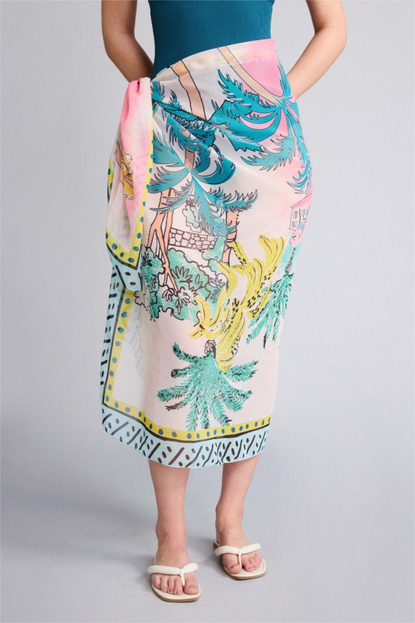 WOMAN Green Fall in Love Regular Fit Tropical Patterned Chiffon Pareo Beachwear