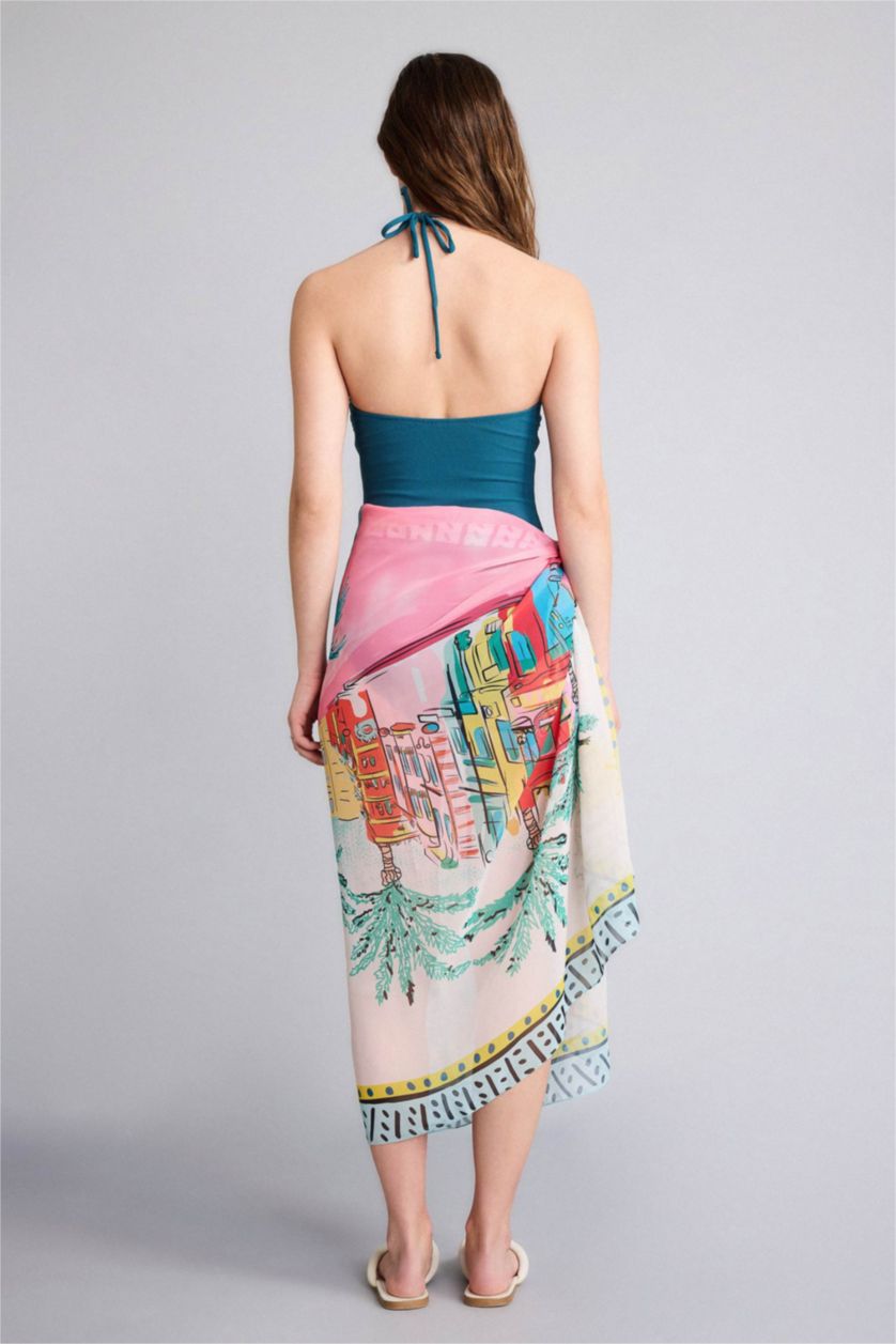 WOMAN Green Fall in Love Regular Fit Tropical Patterned Chiffon Pareo Beachwear