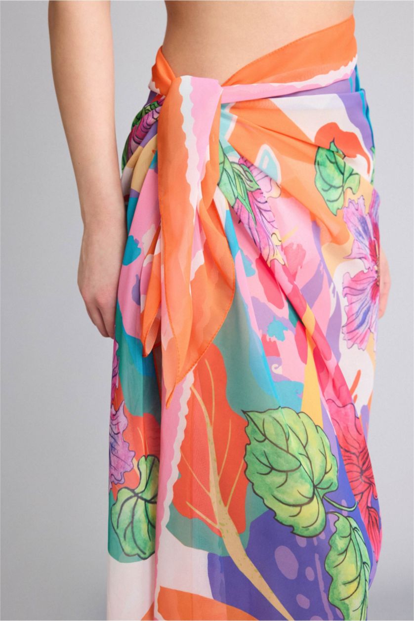 Woman Orange Fall in Love Regular Fit Tropical Patterned Chiffon Pareo Beachwear