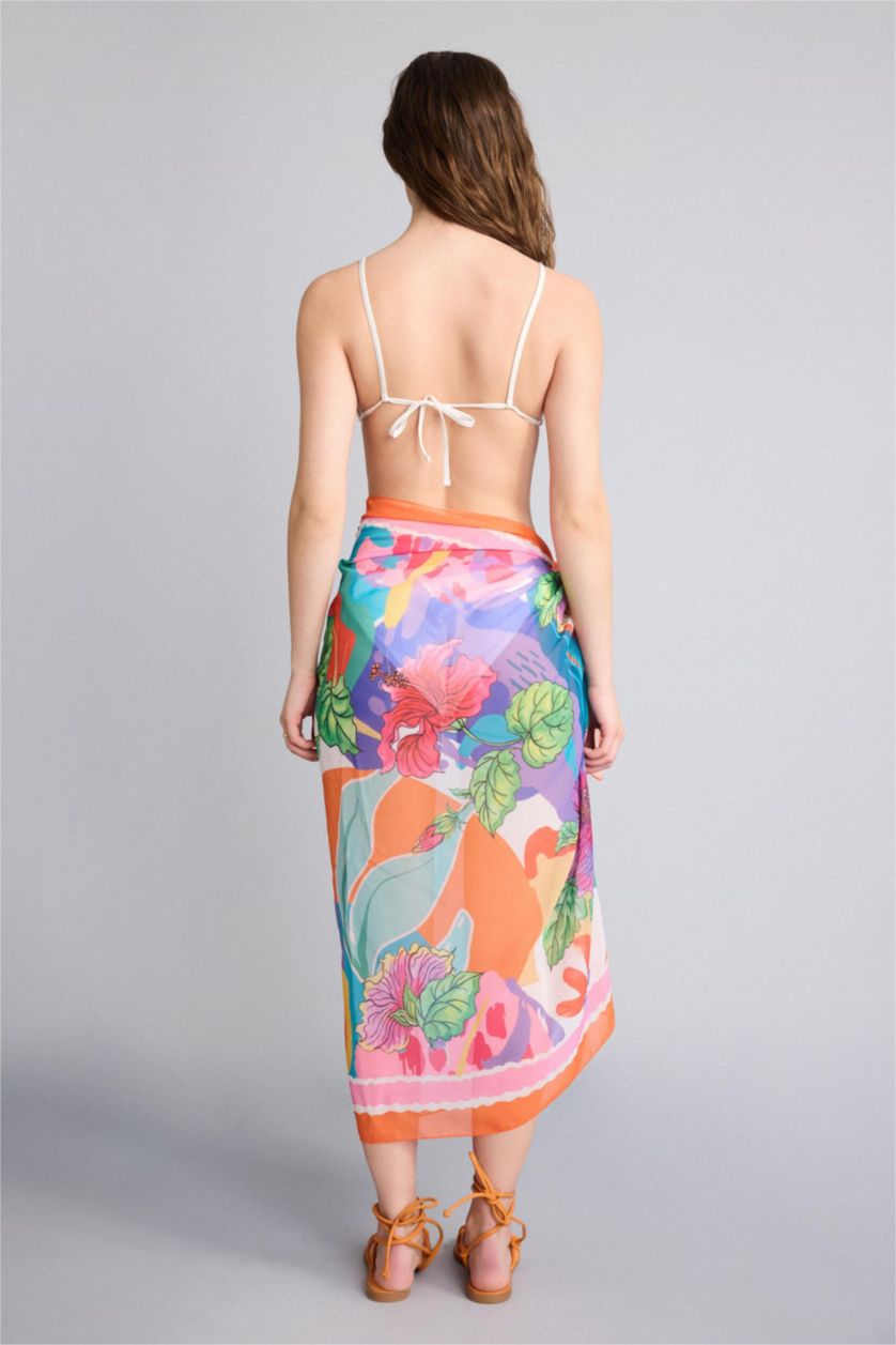 Woman Orange Fall in Love Regular Fit Tropical Patterned Chiffon Pareo Beachwear