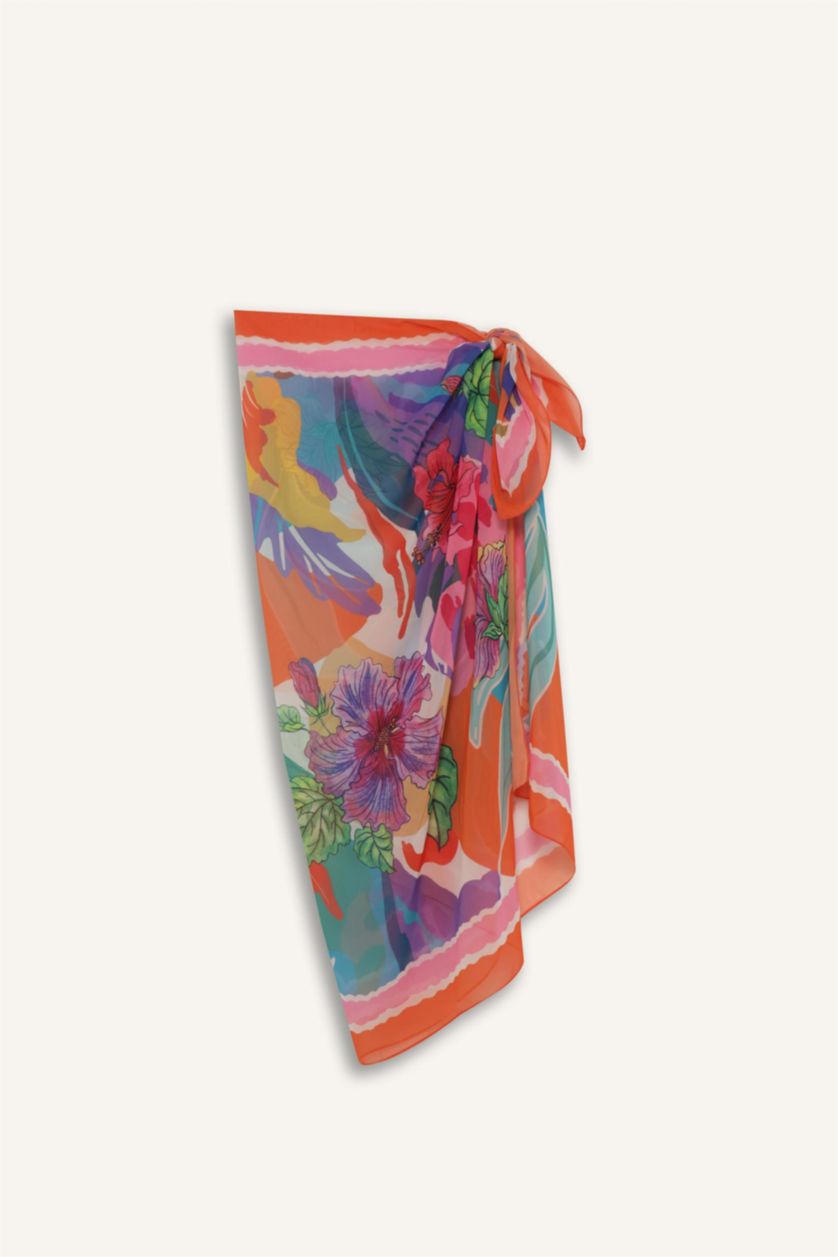 Woman Orange Fall in Love Regular Fit Tropical Patterned Chiffon Pareo Beachwear