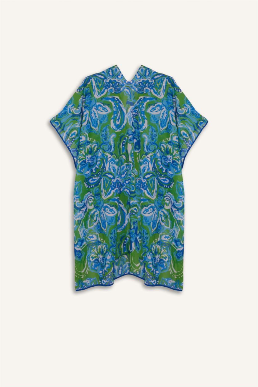 Woman Green Regular Fit Tropical Patterned Chiffon Beach Kimono