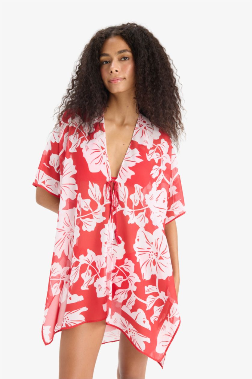 Kadın Kırmızı Regular Fit Tropikal Desenli Şifon Plaj Kimono