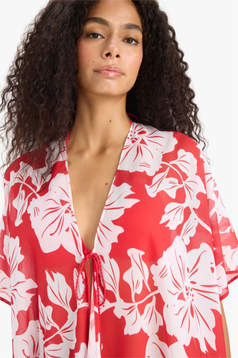 Kadın Kırmızı Regular Fit Tropikal Desenli Şifon Plaj Kimono