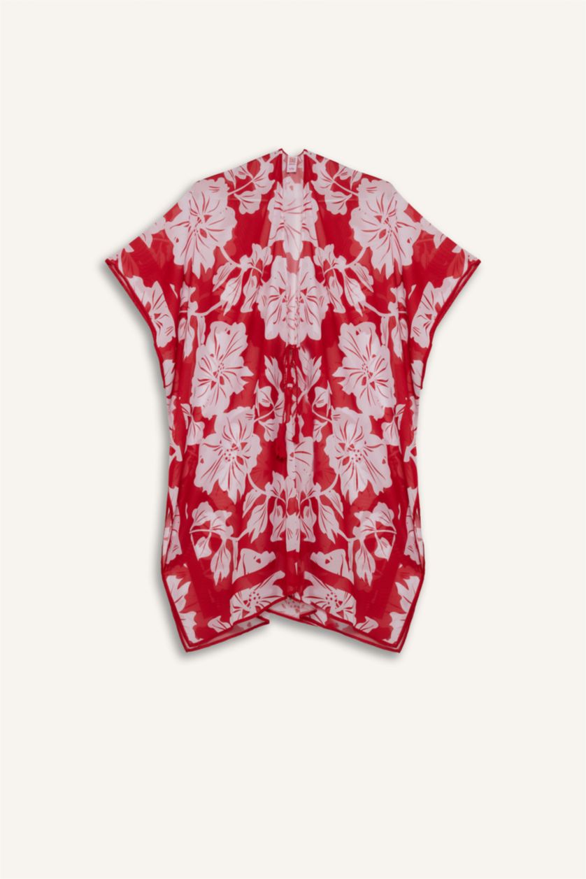 Kadın Kırmızı Regular Fit Tropikal Desenli Şifon Plaj Kimono