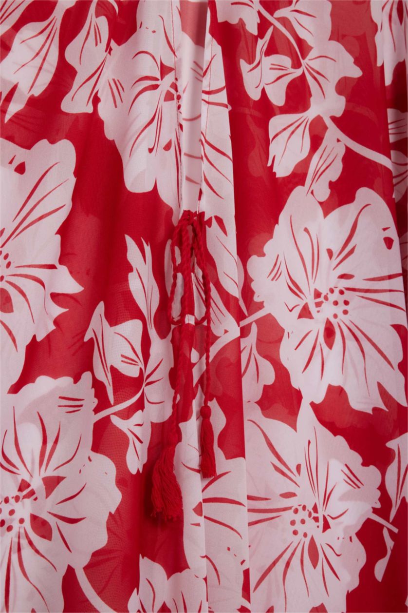 Kadın Kırmızı Regular Fit Tropikal Desenli Şifon Plaj Kimono