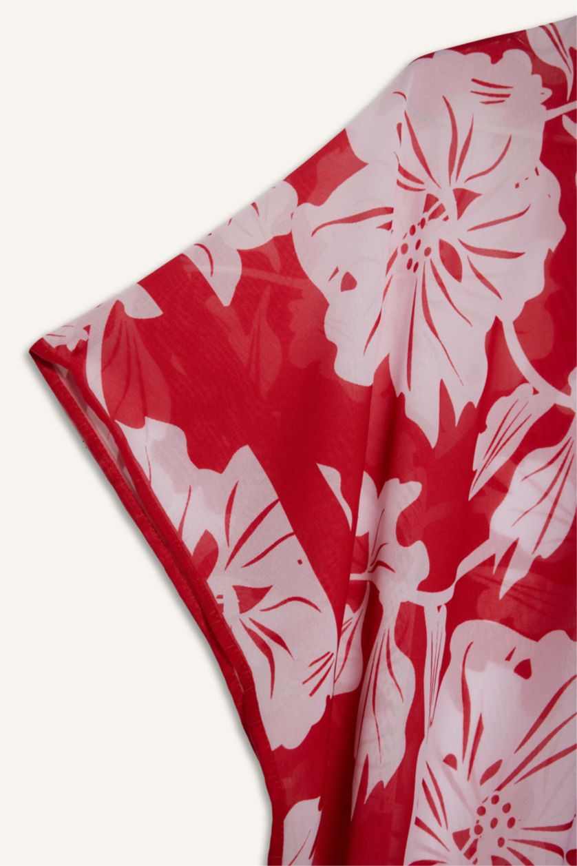 Kadın Kırmızı Regular Fit Tropikal Desenli Şifon Plaj Kimono
