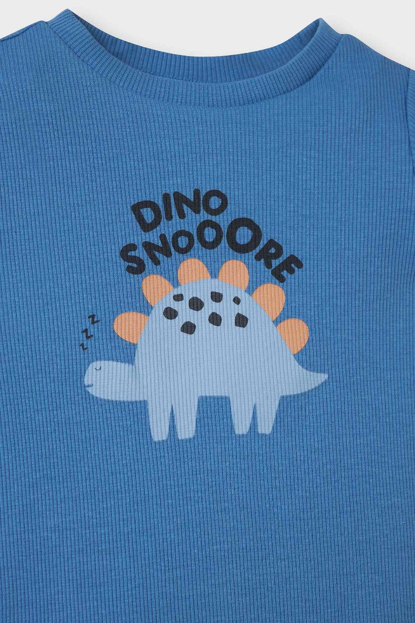 Erkek Bebek Mavi 2'li Takım Dinozor Baskılı Fitilli Kaşkorse Kısa Kollu Çıtçıtlı Body Şort Erkek Bebek