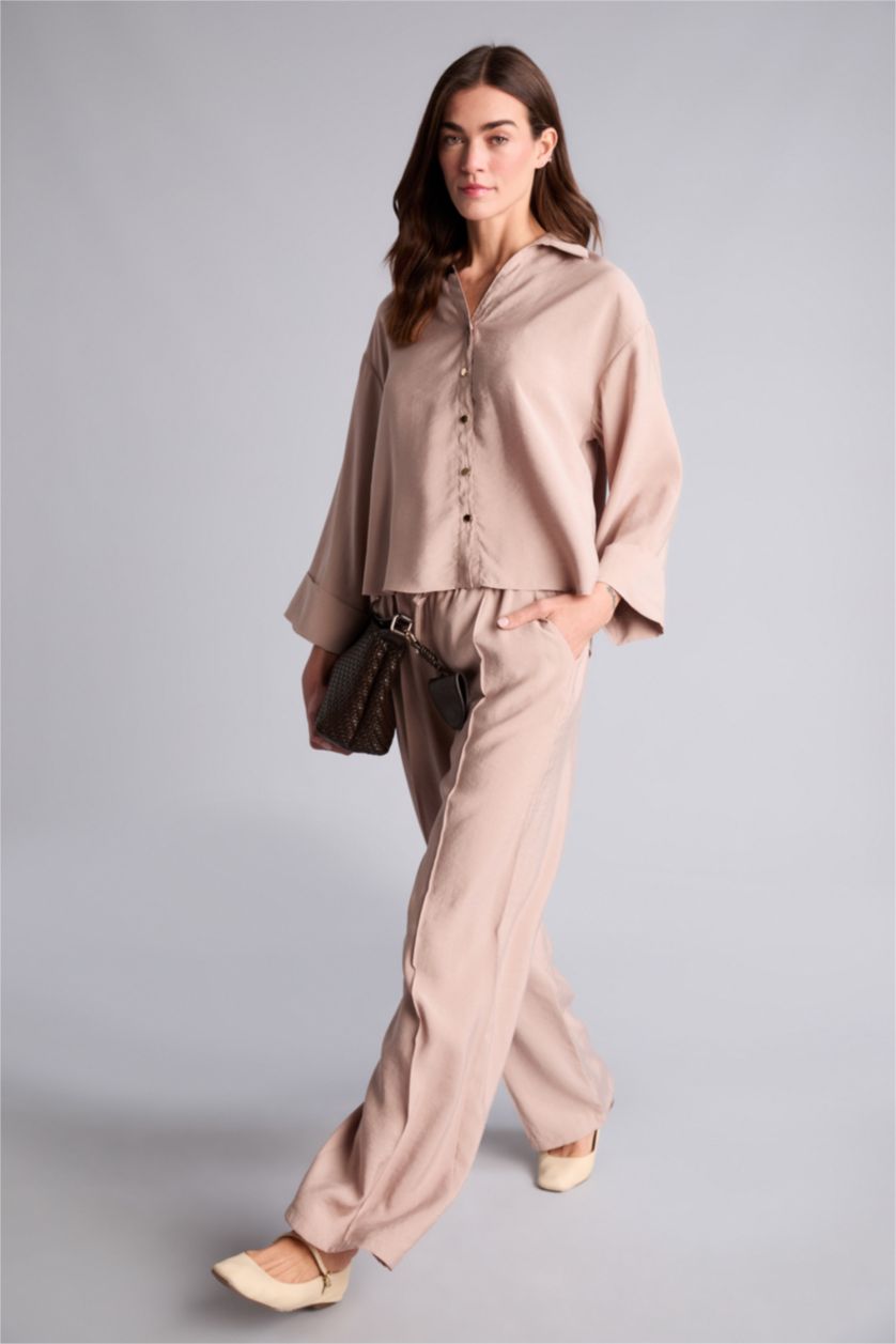 Kadın Kum Wıde Leg Yüksek Bel Düz Paça Modal Pantolon