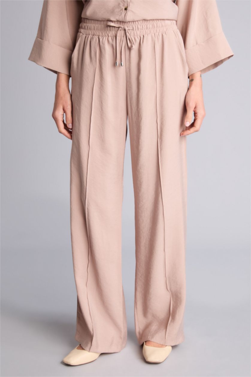 Kadın Kum Wıde Leg Yüksek Bel Düz Paça Modal Pantolon