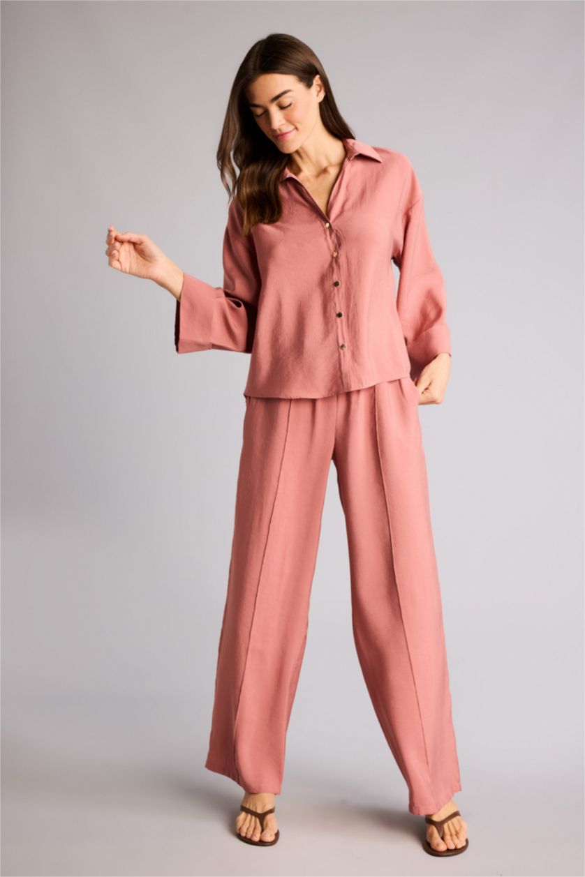 Kadın Gülkurusu Wıde Leg Yüksek Bel Düz Paça Modal Pantolon