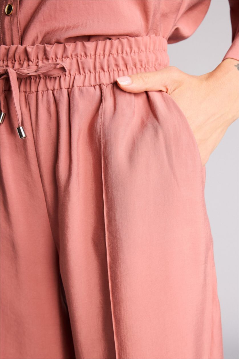 Kadın Gülkurusu Wıde Leg Yüksek Bel Düz Paça Modal Pantolon