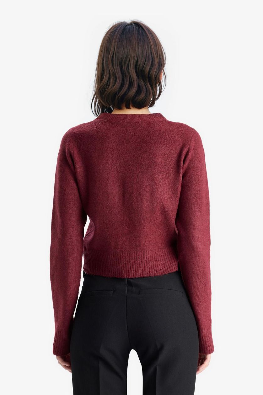 Kadın Bordo Slim Fit Dar Kesim Bisiklet Yaka Düğmeli Triko Hırka