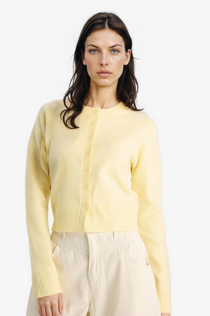 Женщины Светло-желтый Coool узкий покрой, тесный крой, круглый вырез, трикотажный кардиган на пуговицах