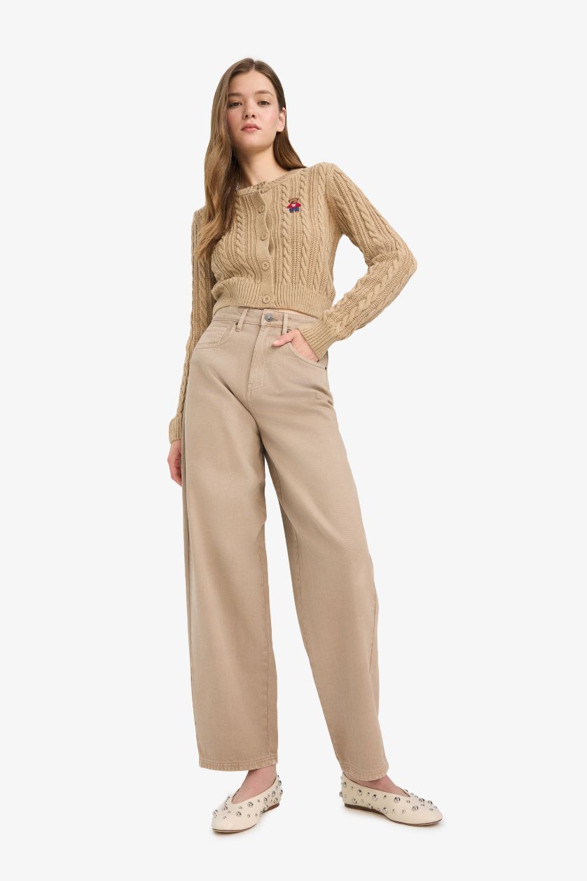 Kadın Camel Regular Fit Bisiklet Yaka Düğmeli Triko Hırka