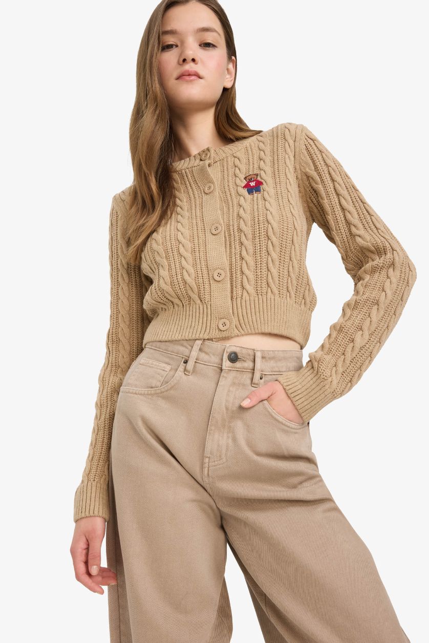 Kadın Camel Regular Fit Bisiklet Yaka Düğmeli Triko Hırka