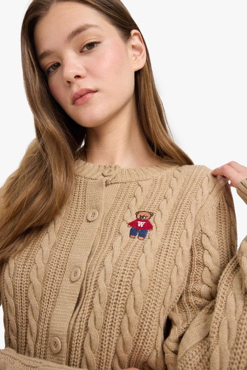 Kadın Camel Regular Fit Bisiklet Yaka Düğmeli Triko Hırka