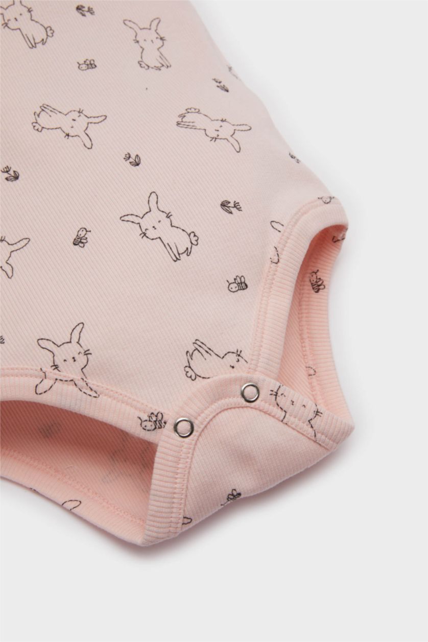 Kız Bebek Açık Pembe 2'li Takım Desenli Fitilli Kaşkorse Kısa Kollu Çıtçıtlı Body Beli Lastikli Şort Kız Bebek