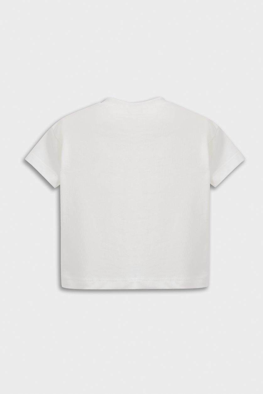 Kız Bebek Ekru Bisiklet Yaka Baskılı Penye 2'li Kısa Kollu Tişört Kız Bebek Yenidoğan