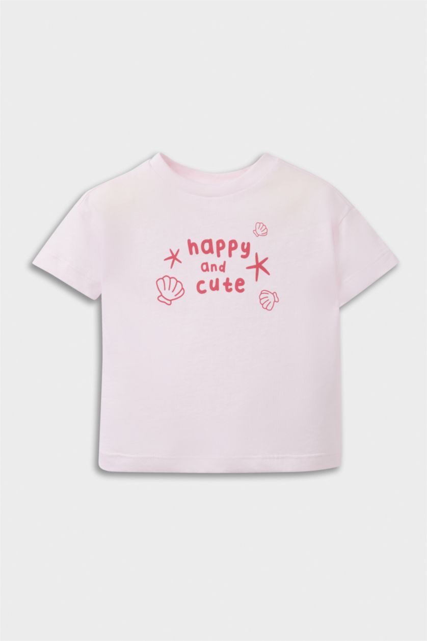 Kız Bebek Ekru Bisiklet Yaka Baskılı Penye 2'li Kısa Kollu Tişört Kız Bebek Yenidoğan