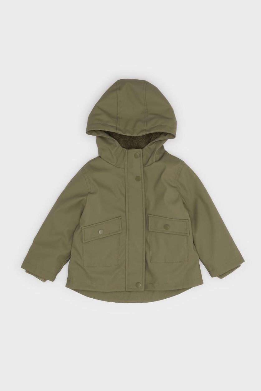 Erkek Bebek Açık Haki Erkek Bebek Su Geçirmez Kapüşonlu Çıtçıtlı Fonksiyonel Cepli Mont