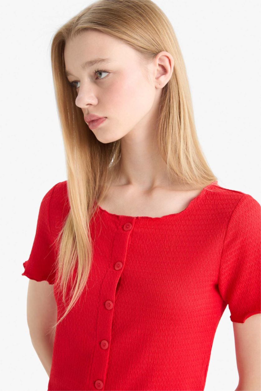 Женщины Красный Coool Приталенная рубашка из жатой ткани с короткими рукавами