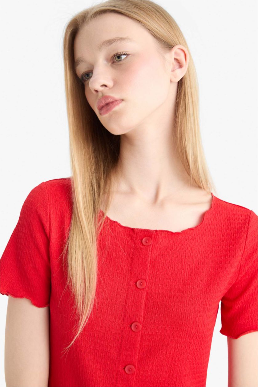 Женщины Красный Coool Приталенная рубашка из жатой ткани с короткими рукавами