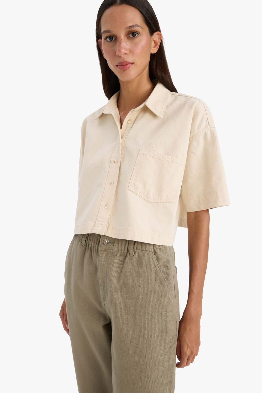 WOMAN Ecru Cropped Fit Pocketed Denim Shirt