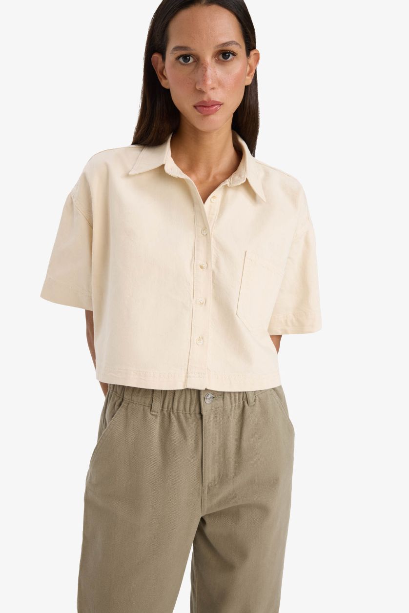 WOMAN Ecru Cropped Fit Pocketed Denim Shirt