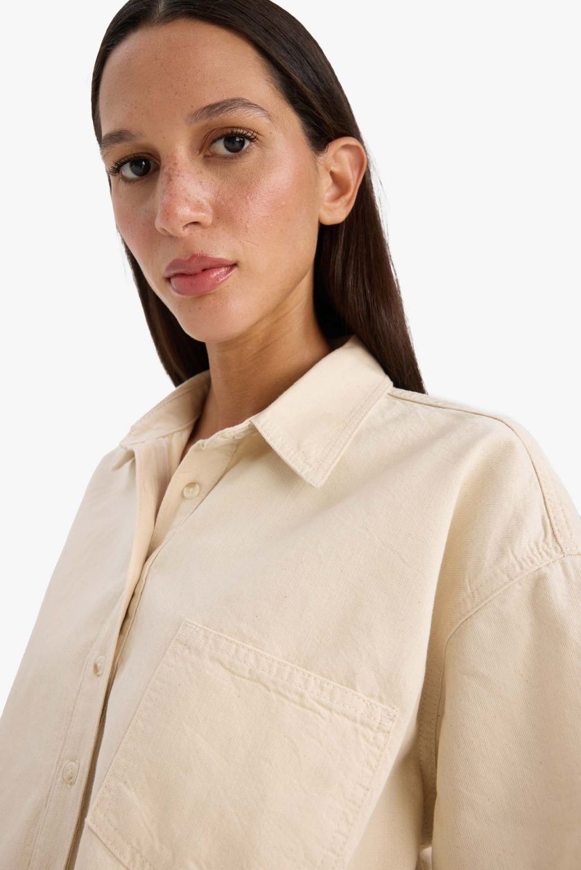 WOMAN Ecru Cropped Fit Pocketed Denim Shirt