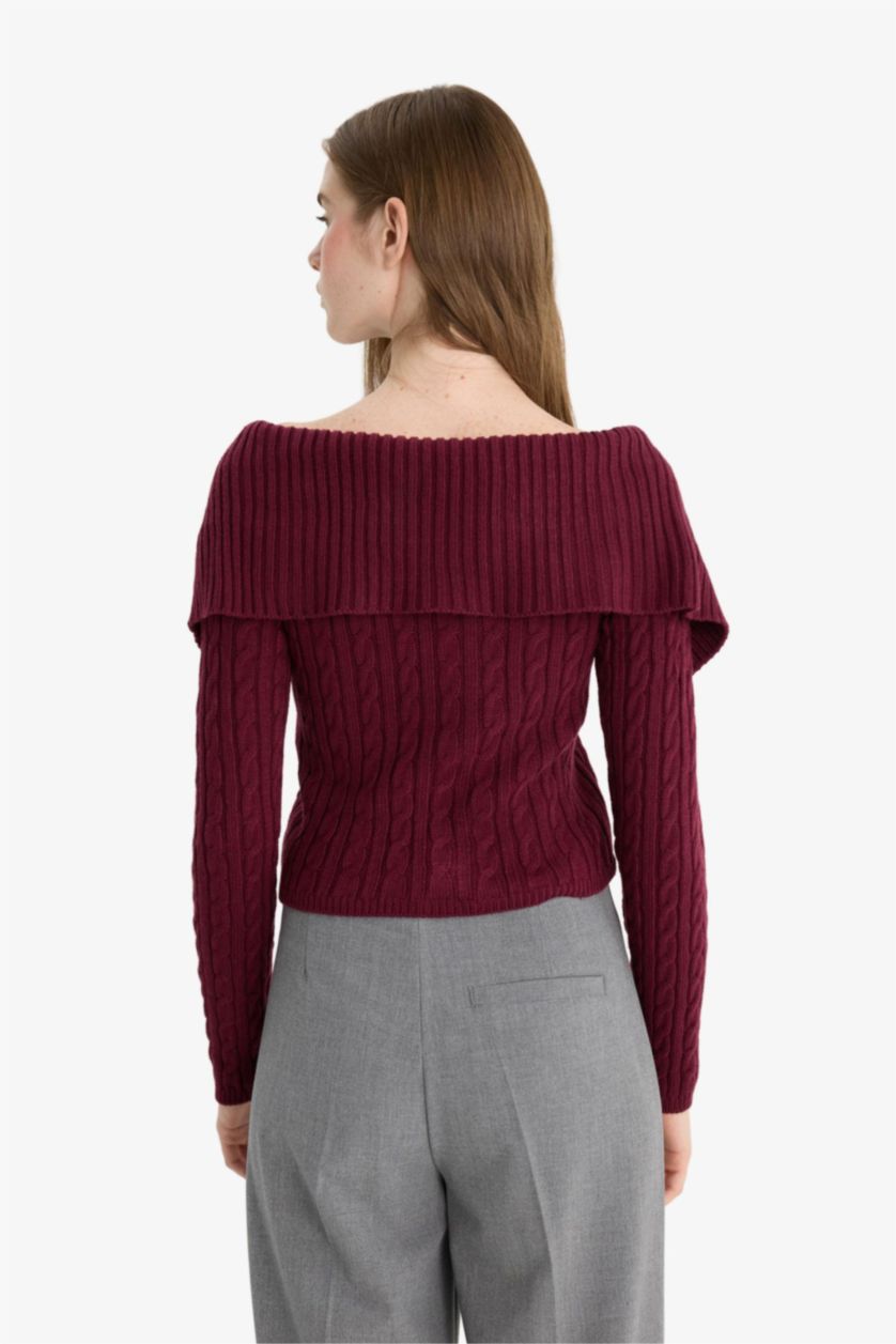 Женщины Бордовый Трикотажный кардиган Regular Fit с открытыми плечами и молнией