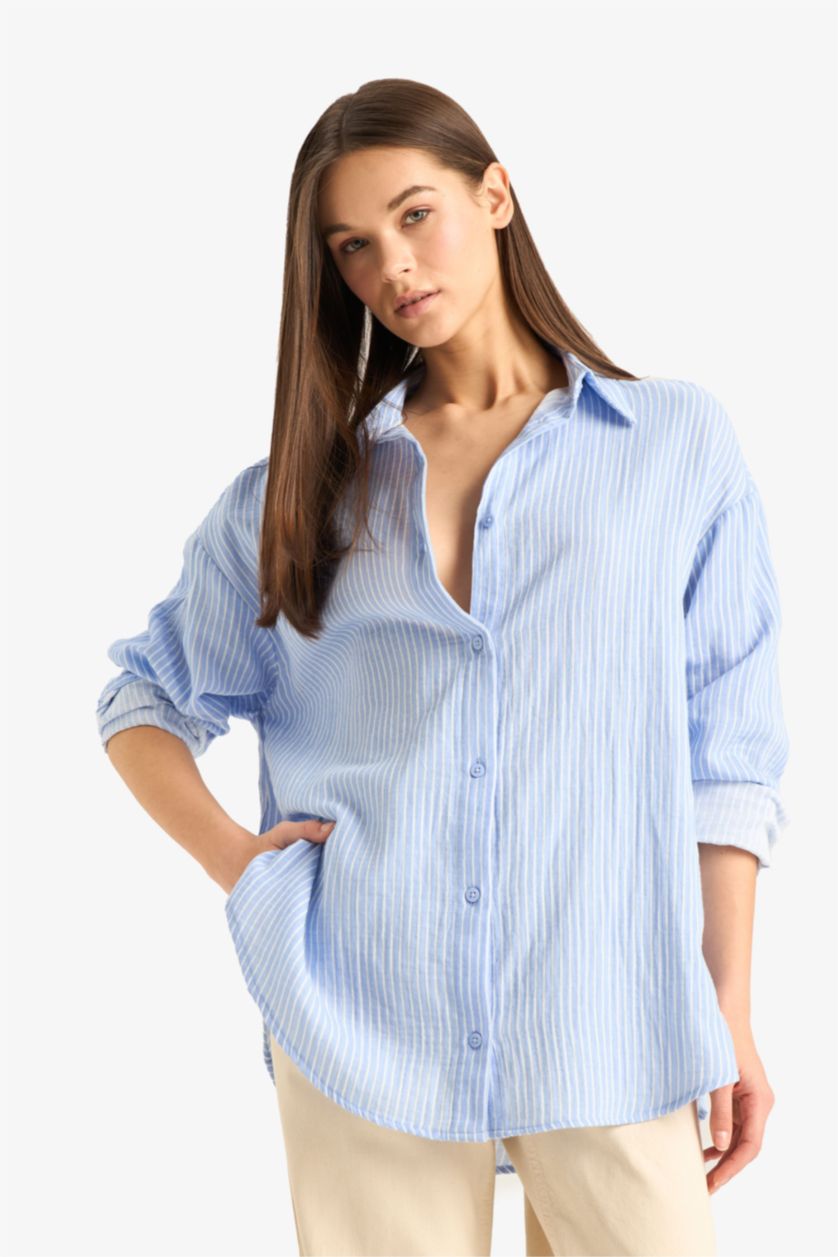 WOMAN Blue Oversize Fit Shirt Collar Muslin Striped Long Sleeve Shirt