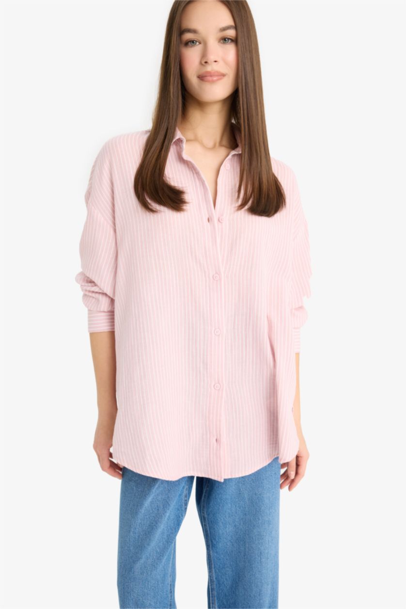 نساء زهري فاتح قميص مخطط ردن طويل موسلين اوفر سايز