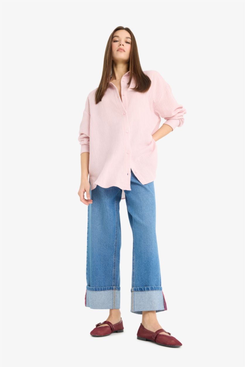 نساء زهري فاتح قميص مخطط ردن طويل موسلين اوفر سايز