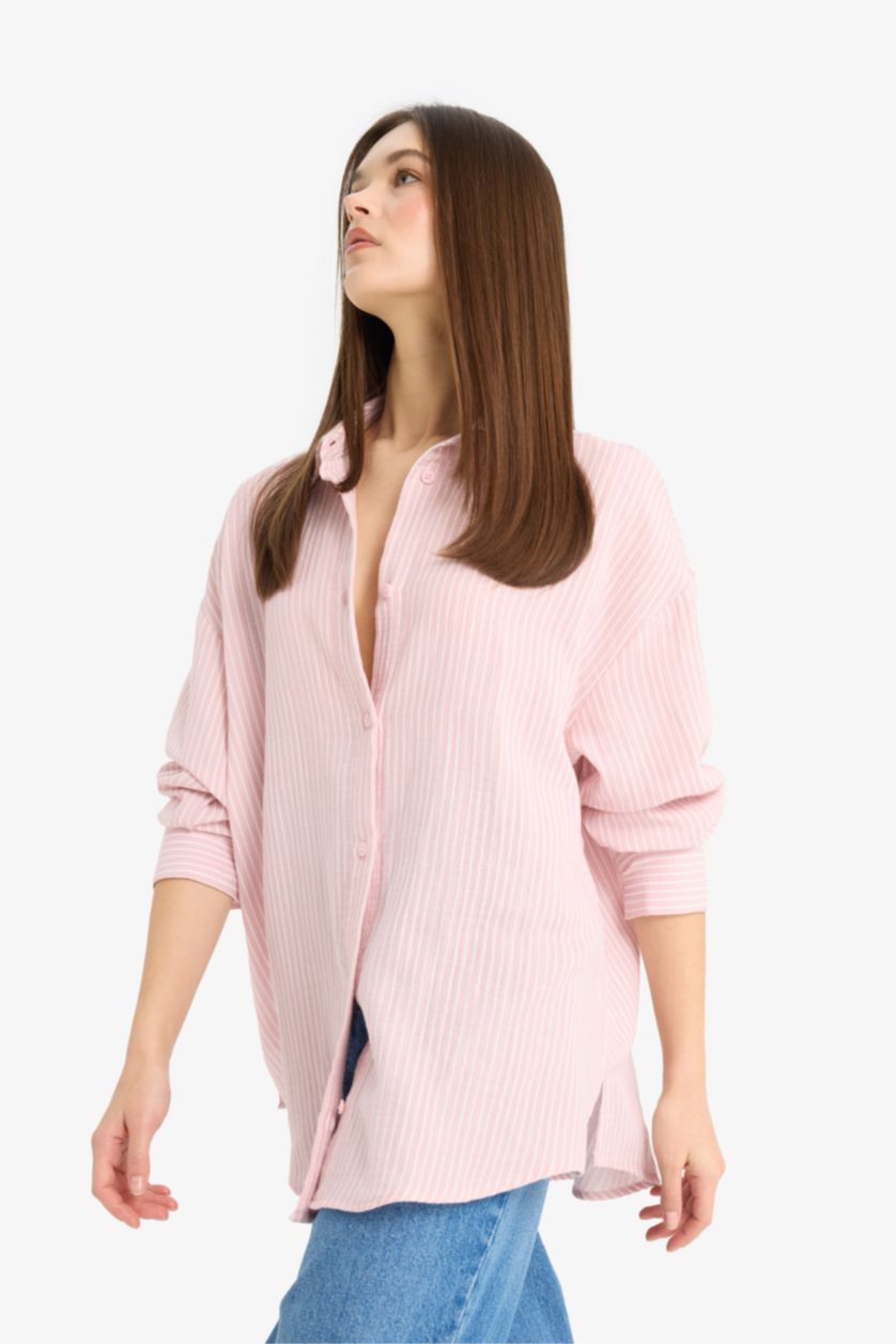 نساء زهري فاتح قميص مخطط ردن طويل موسلين اوفر سايز