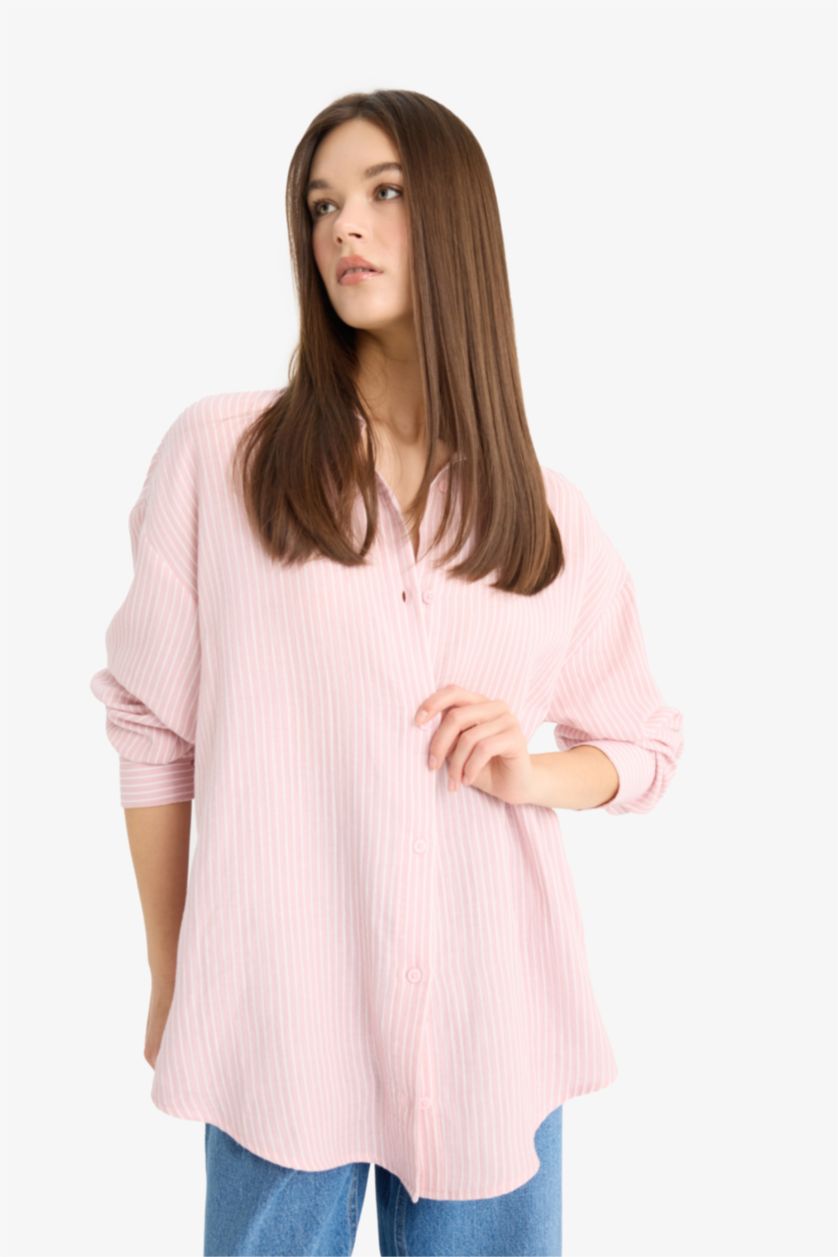 نساء زهري فاتح قميص مخطط ردن طويل موسلين اوفر سايز