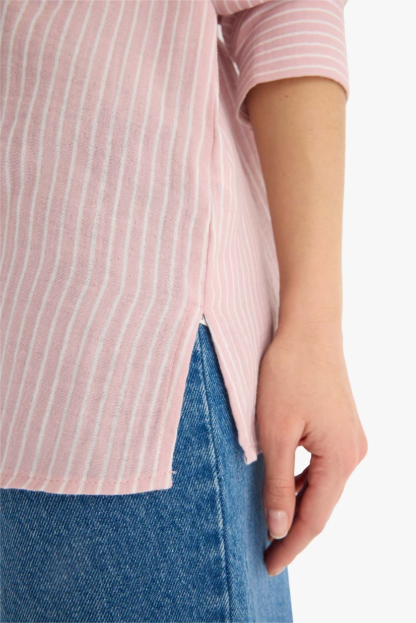 نساء زهري فاتح قميص مخطط ردن طويل موسلين اوفر سايز