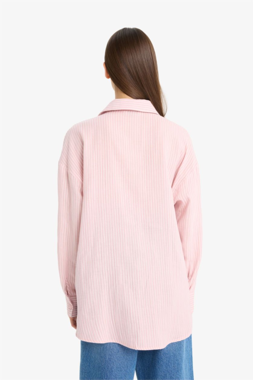 نساء زهري فاتح قميص مخطط ردن طويل موسلين اوفر سايز