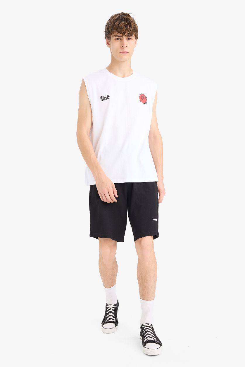 رجالي أسود شورت سليم فيت من قماش سويت مطبوع