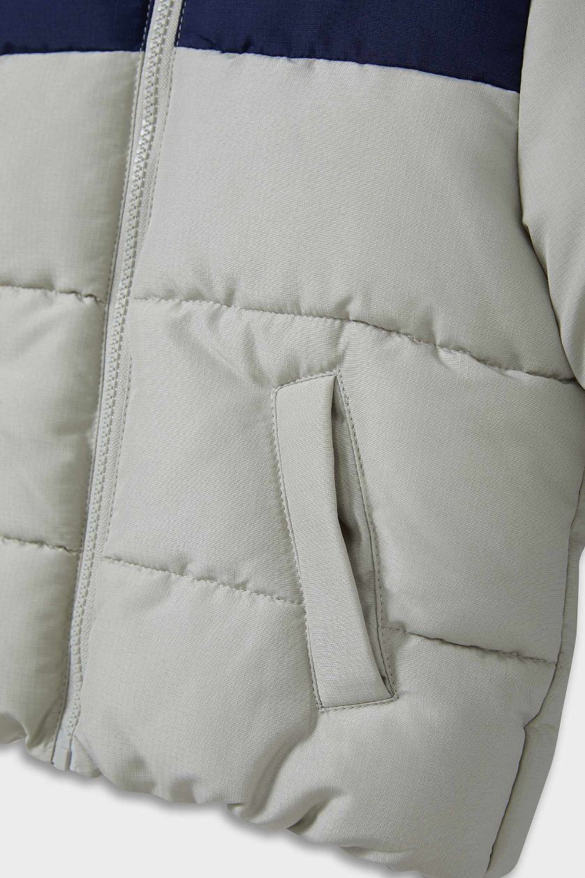 Erkek Bebek Açık Gri Su Geçirmez Kapüşonlu Fermuarlı Şişme Mont Erkek Bebek