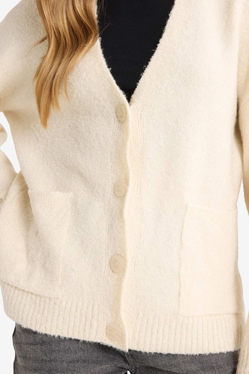 Kadın Ekru Oversıze V Yaka Hırka