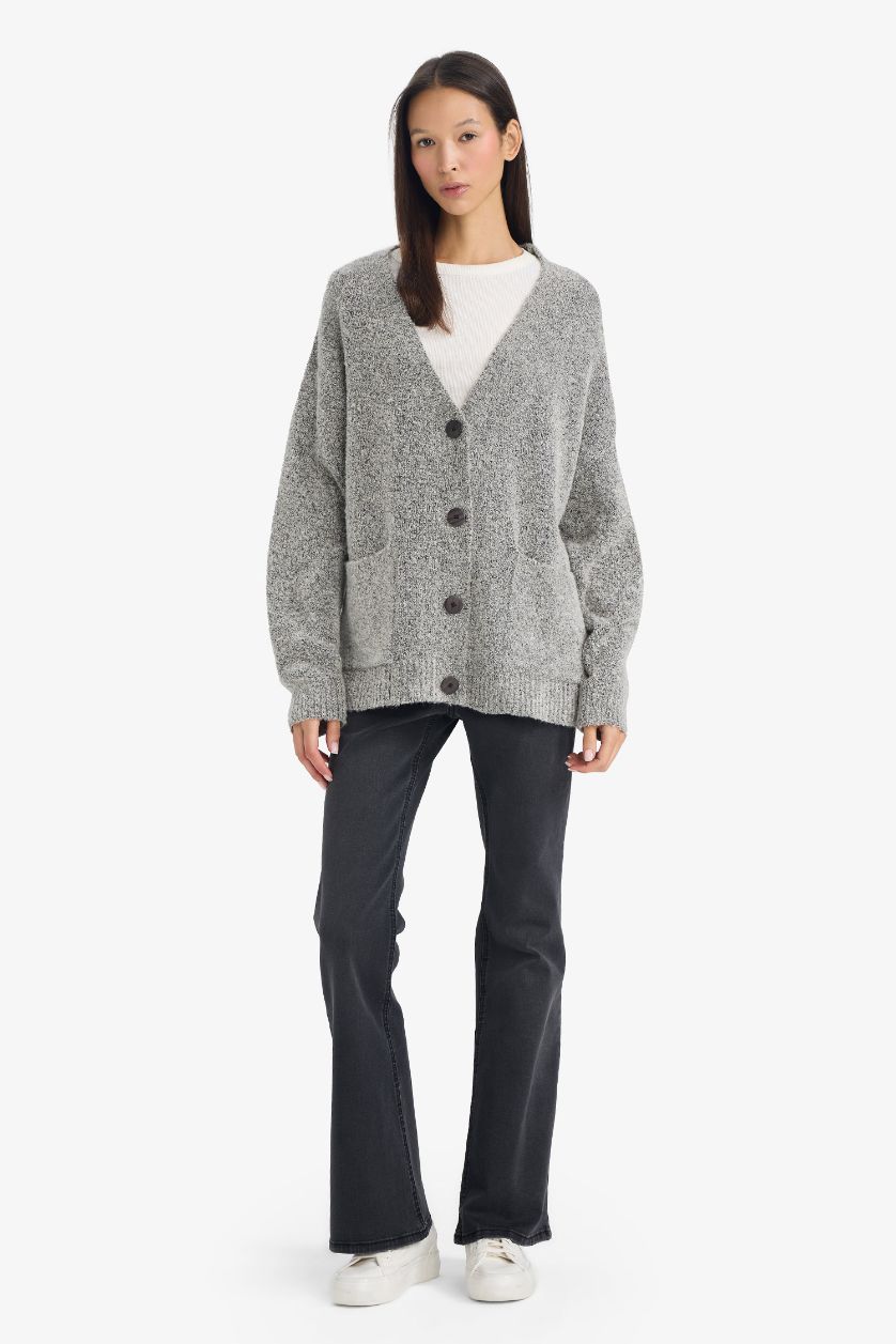 نساء ميلانج رمادي جاكيت صوف تريكو اوفر سايز بياخة V