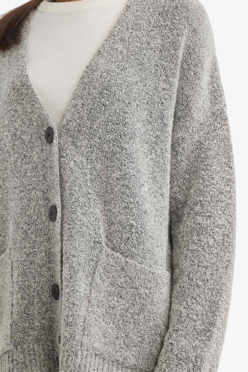 نساء ميلانج رمادي جاكيت صوف تريكو اوفر سايز بياخة V