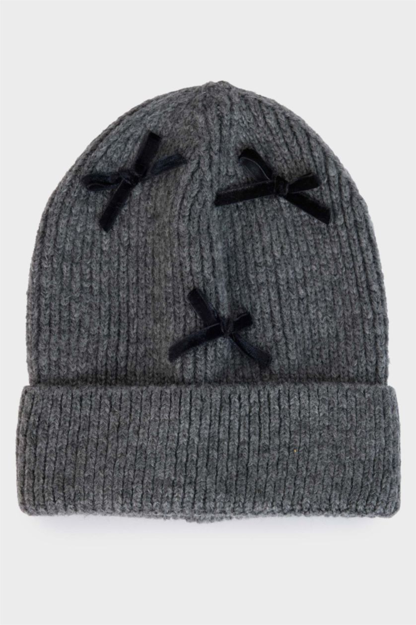 Kadın Gri Kadın Kurdeleli Triko Bere