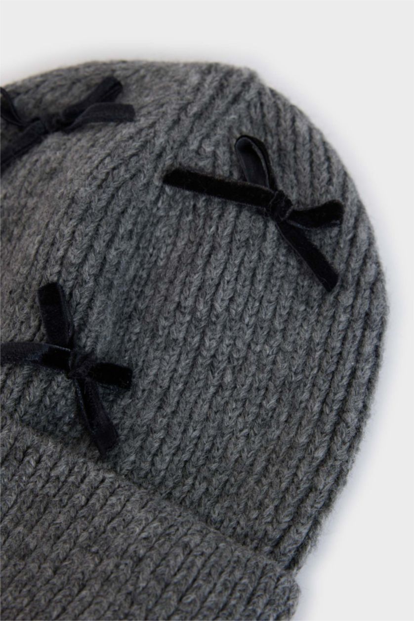 Kadın Gri Kadın Kurdeleli Triko Bere