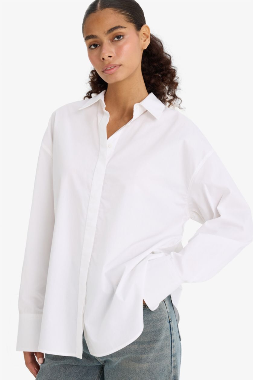 WOMAN White Oversize Fit Shirt Collar Poplin Long Sleeve Shirt
