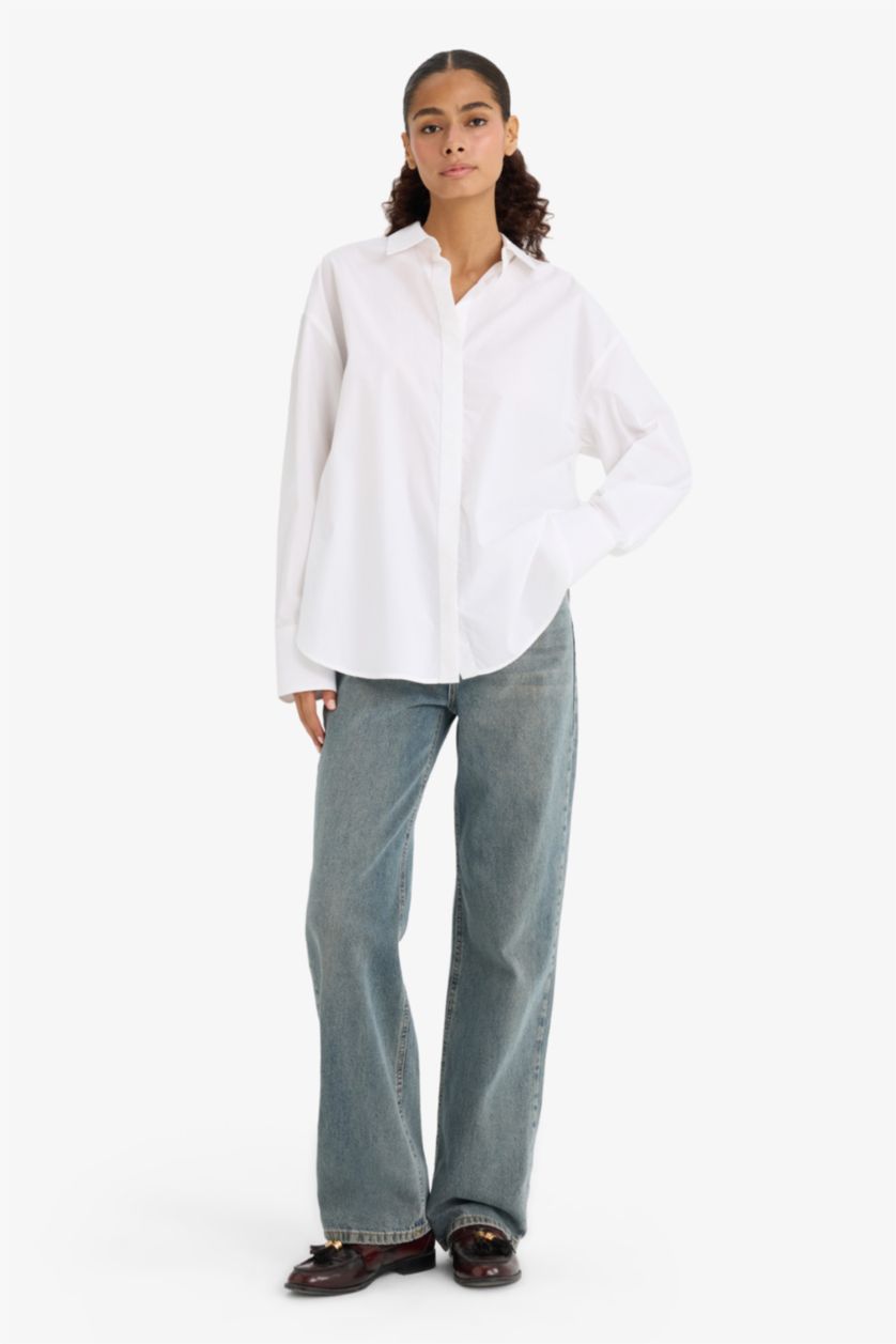 WOMAN White Oversize Fit Shirt Collar Poplin Long Sleeve Shirt