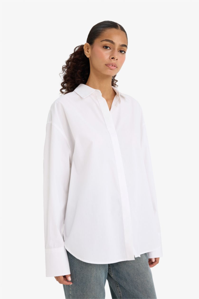 WOMAN White Oversize Fit Shirt Collar Poplin Long Sleeve Shirt